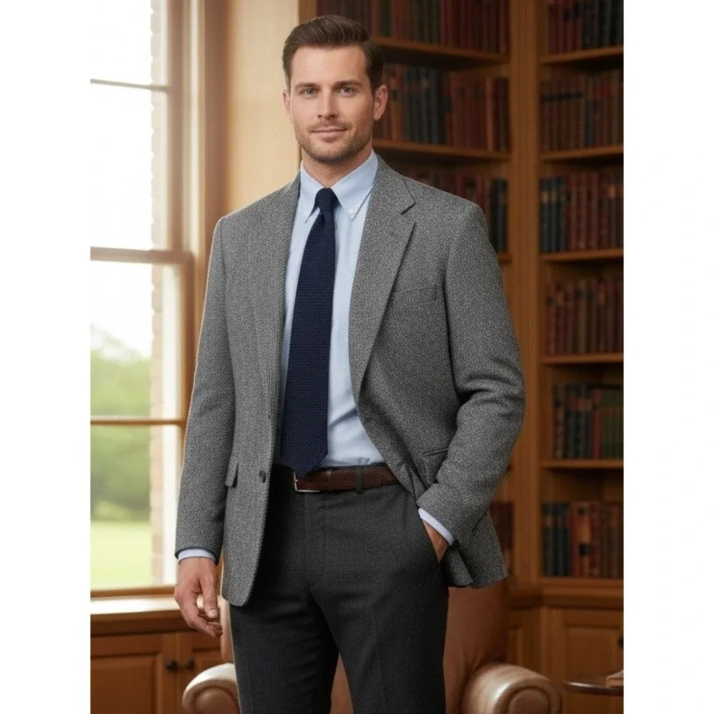 Vintage Tweed Herringbone Sport Coat Jacket Men's Classic Tailored‎ Gray READ